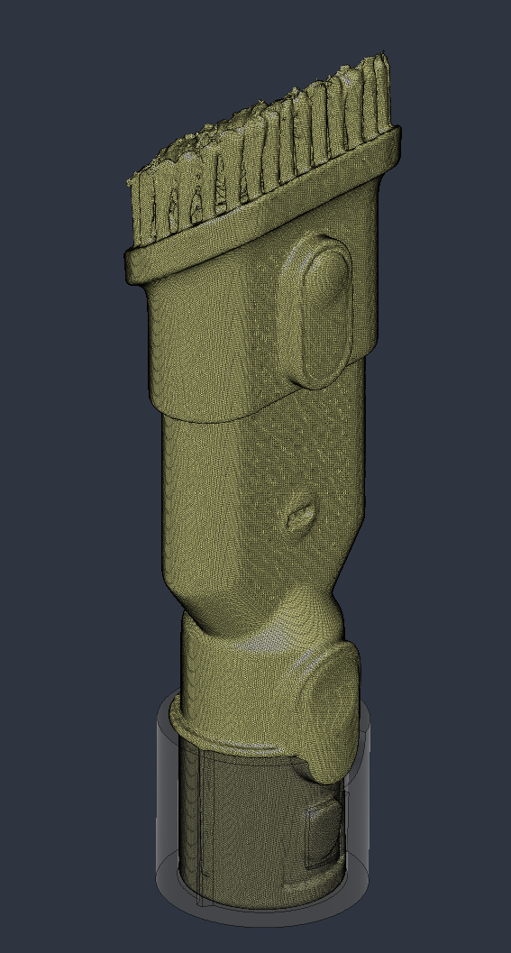 Scanned accessory positioned inside the modeled receiving socket for a CAD fitment check.