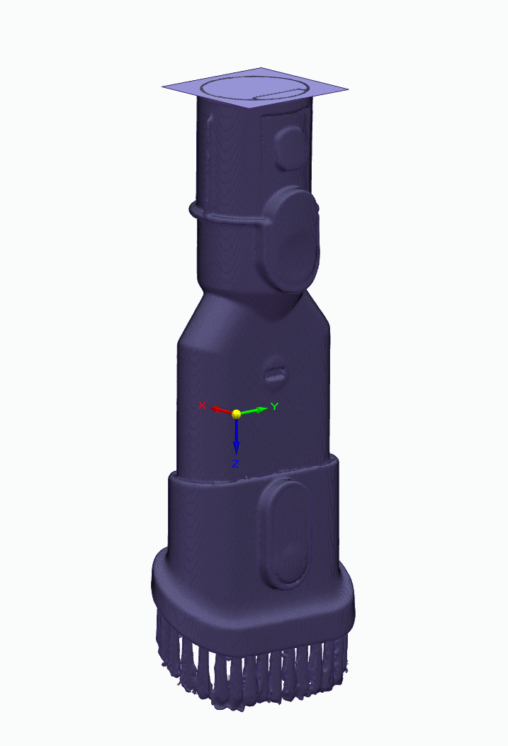 Accessory mesh in Solid Edge with a fitted purple datum plane across the end of the connector.