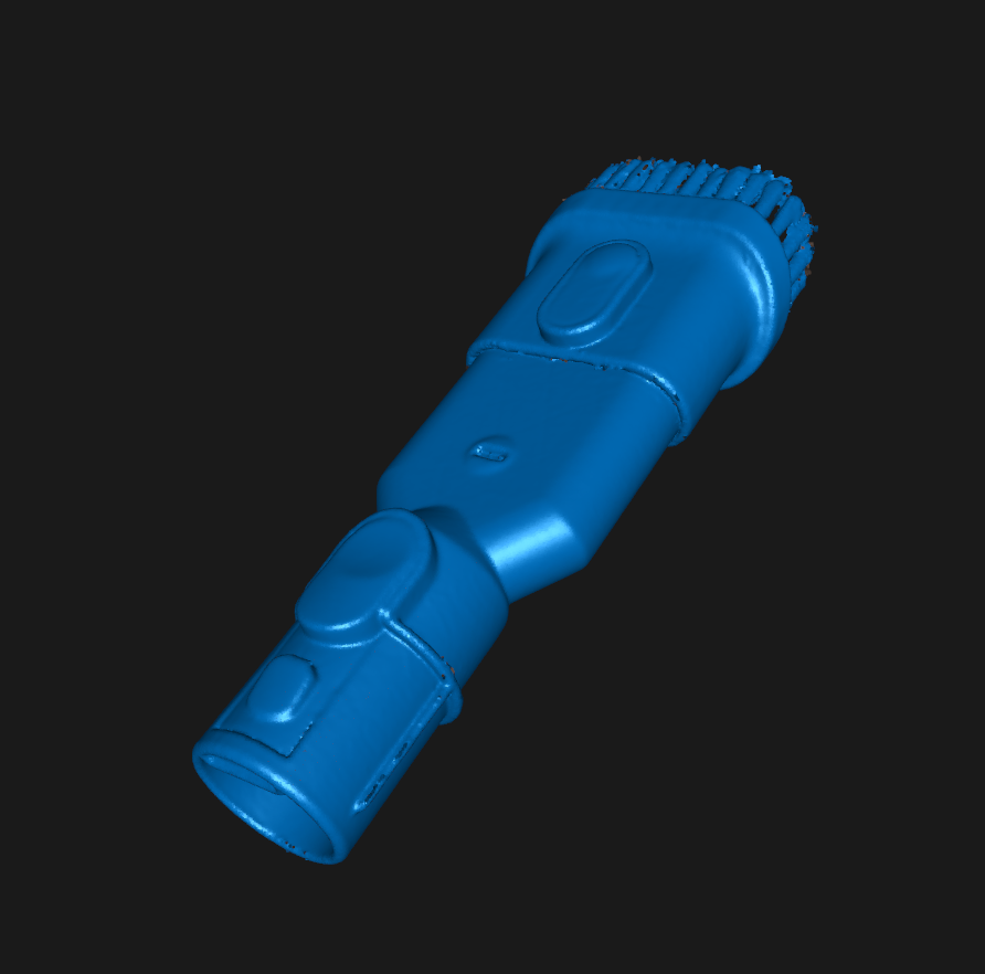 Merged blue scan mesh of the vacuum brush accessory, showing the connection at its base.